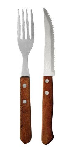 Garfo de Mesa Inox - Cabo Madeira + Faca Churrasco Inox - Cabo Madeira