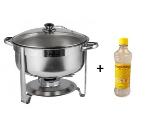 Rechaud Banho Maria Aço Inox Redondo com Tampa de Vidro - 8 Lts   +   Álcool em Gel 80% - 500ml