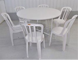 KIT MESA MDF 6 LUGARES REDONDA 1,20 Ø + 6 CADEIRAS BISTRÔ DE PLÁSTICO - BRANCA