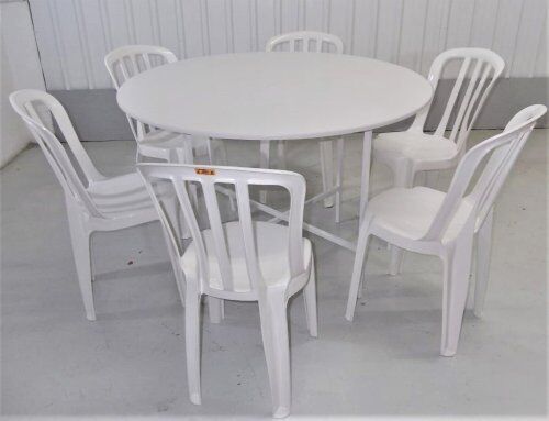 KIT MESA MDF 6 LUGARES REDONDA 1,20 Ø + 6 CADEIRAS BISTRÔ DE PLÁSTICO - BRANCA