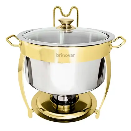 Rechaud Dourado Redondo Banho Maria Inox 8 Litros