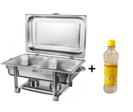 Rechaud Banho Maria Aço Inox com Dobradiça e 2 Cubas (GN 1/2×100mm) - 13 Lts   +    Álcool em Gel 80% - 500ml