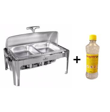 Rechaud Aço Inox com Tampa Giratória com 2 Cubas (GN 1/2×100mm) - 13 Lts (Versão Luxo)  +   Álcool em Gel 80%  - 500ml