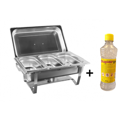 Rechaud Banho Maria Aço Inox Com 3 Cubas (gn 1/3×100mm) - 13 Lts    +   Álcool em Gel 80% -  500ml